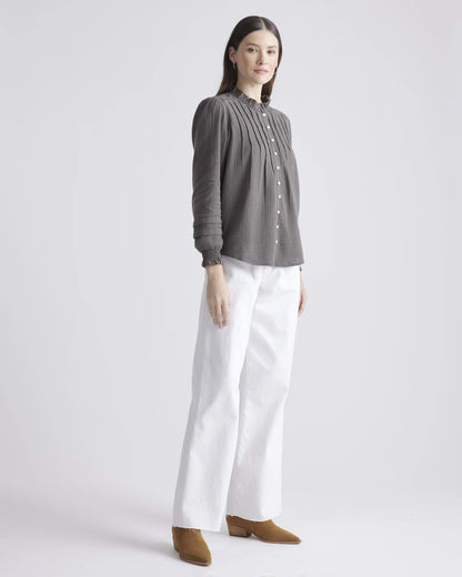 Organic Textured Cotton Peasant Blouse - XS / Pale Custard Yellow
