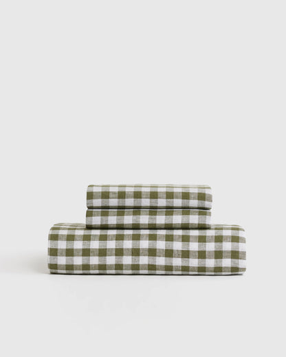 European Linen Gingham Fitted Sheet Set - Twin / Blue Fog
