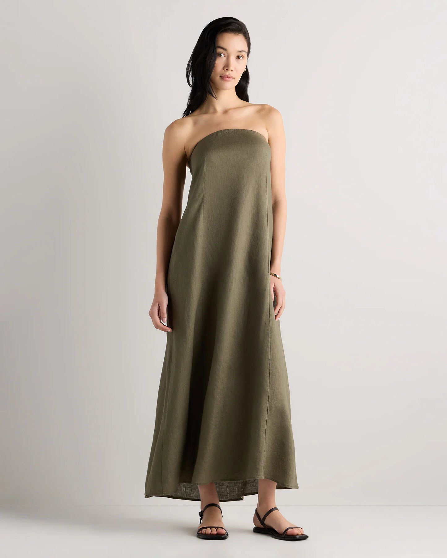 100% European Linen Strapless Maxi Dress - XS / Brick Red Heirloom Floral