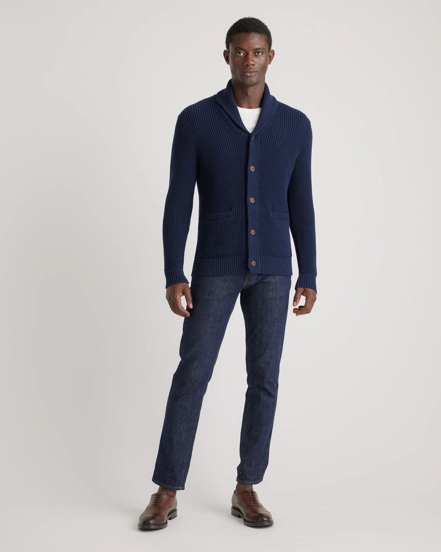 100% Organic Cotton Shawl-Collar Cardigan Sweater - S / Navy