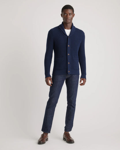 100% Organic Cotton Shawl-Collar Cardigan Sweater - S / Navy