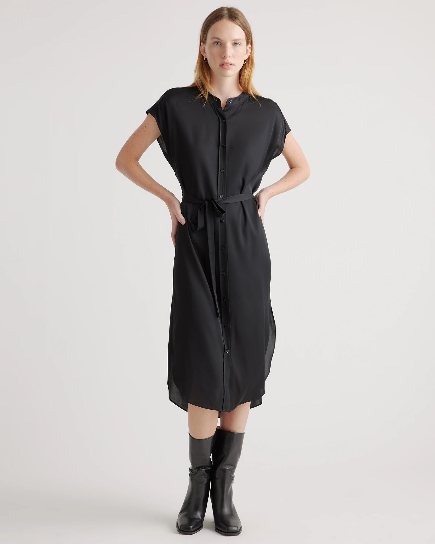 Washable Stretch Silk Midi Shirt Dress - XS / Black