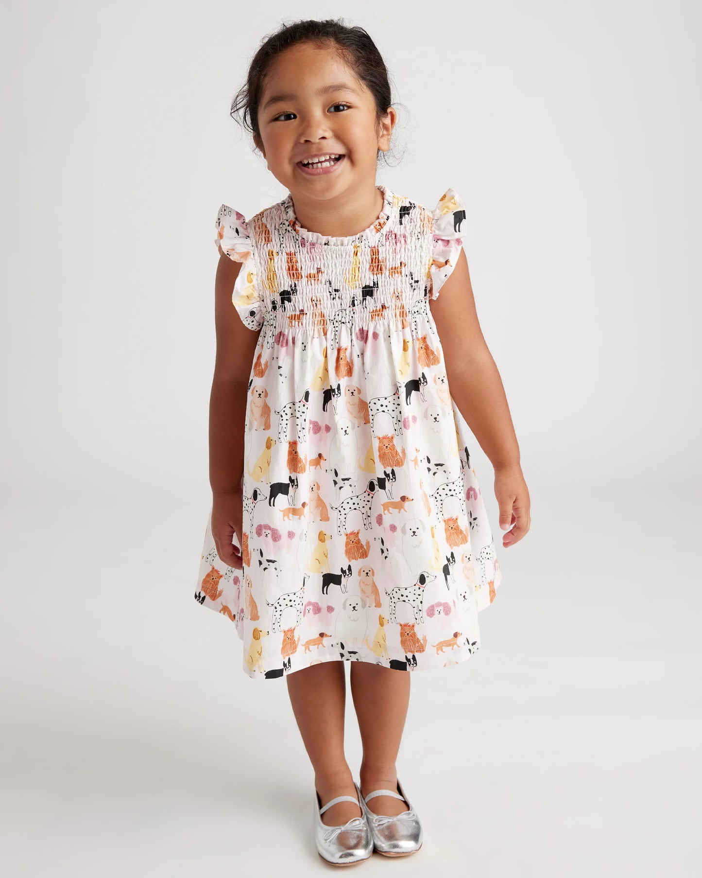 100% Organic Cotton Poplin Smocked Flutter Sleeve Dress - 2T / Blue Ditsy Floral