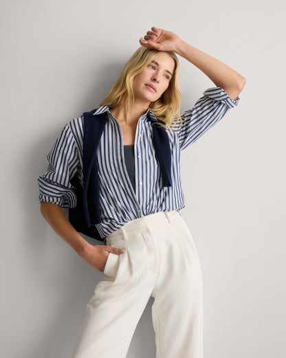 100% Organic Cotton Poplin Long Sleeve Shirt - XS / Delta Blue Double Stripe