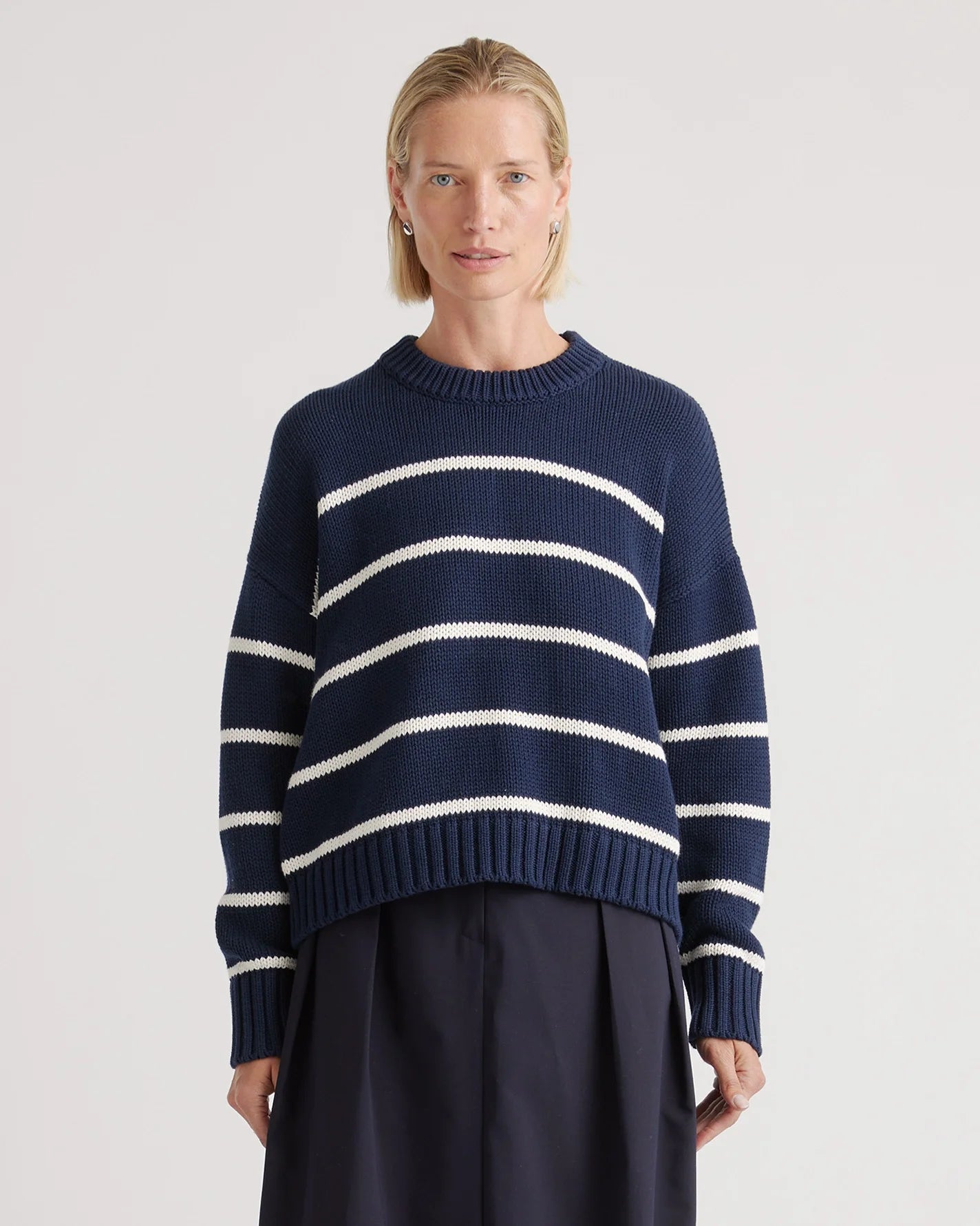 100% Organic Cotton Striped Crew Sweater - XS / Heather Brown/Ivory