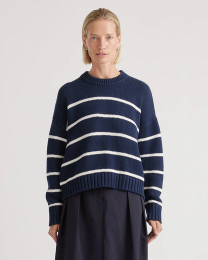 100% Organic Cotton Striped Crew Sweater - XS / Heather Brown/Ivory