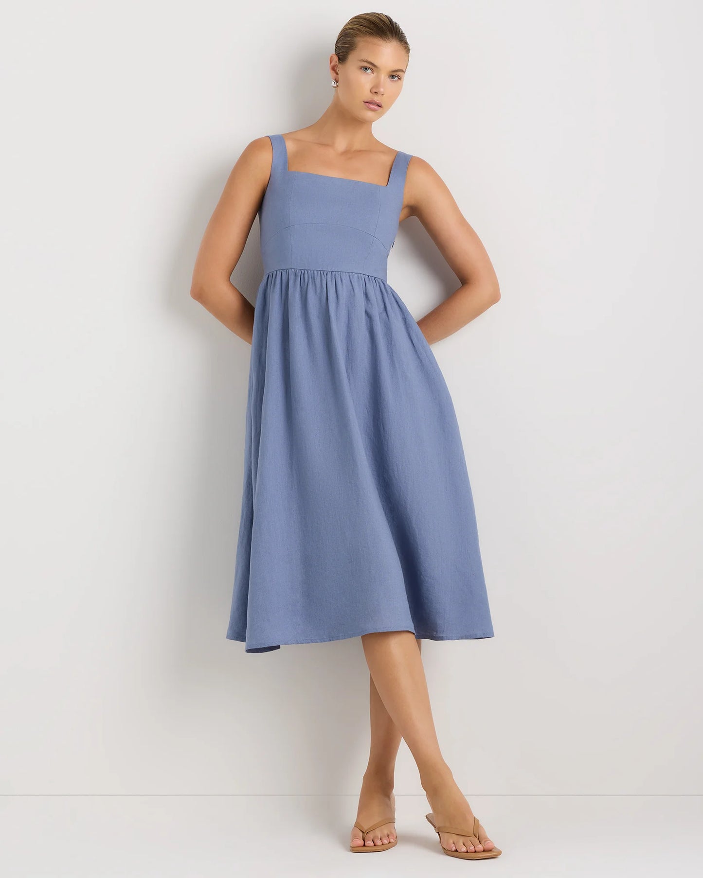 100% European Linen Fit & Flare Midi Dress - XS / Brick Red Heirloom Floral