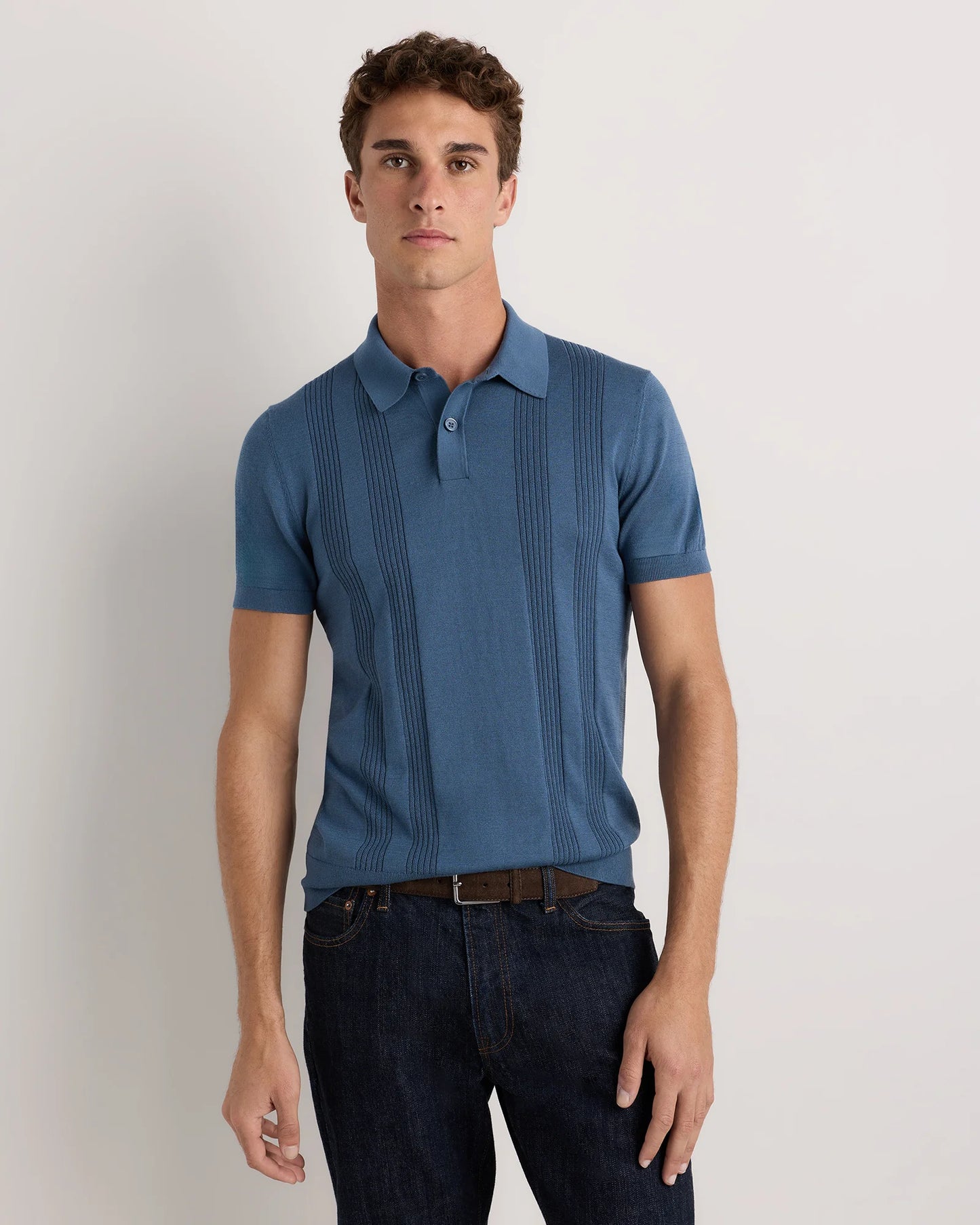 Cotton-Silk Ribbed Short Sleeve Sweater Polo - S / Speckled Beige