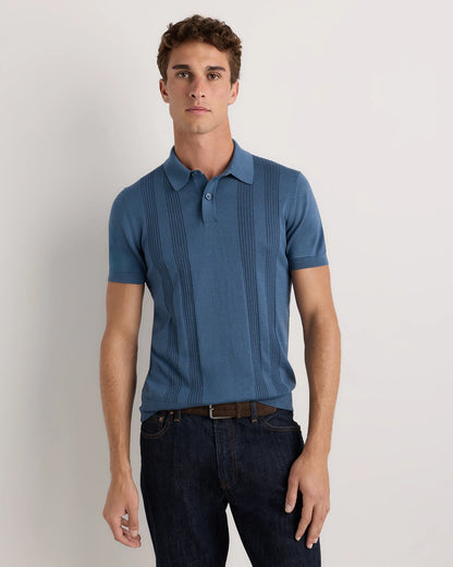 Cotton-Silk Ribbed Short Sleeve Sweater Polo - S / Speckled Beige