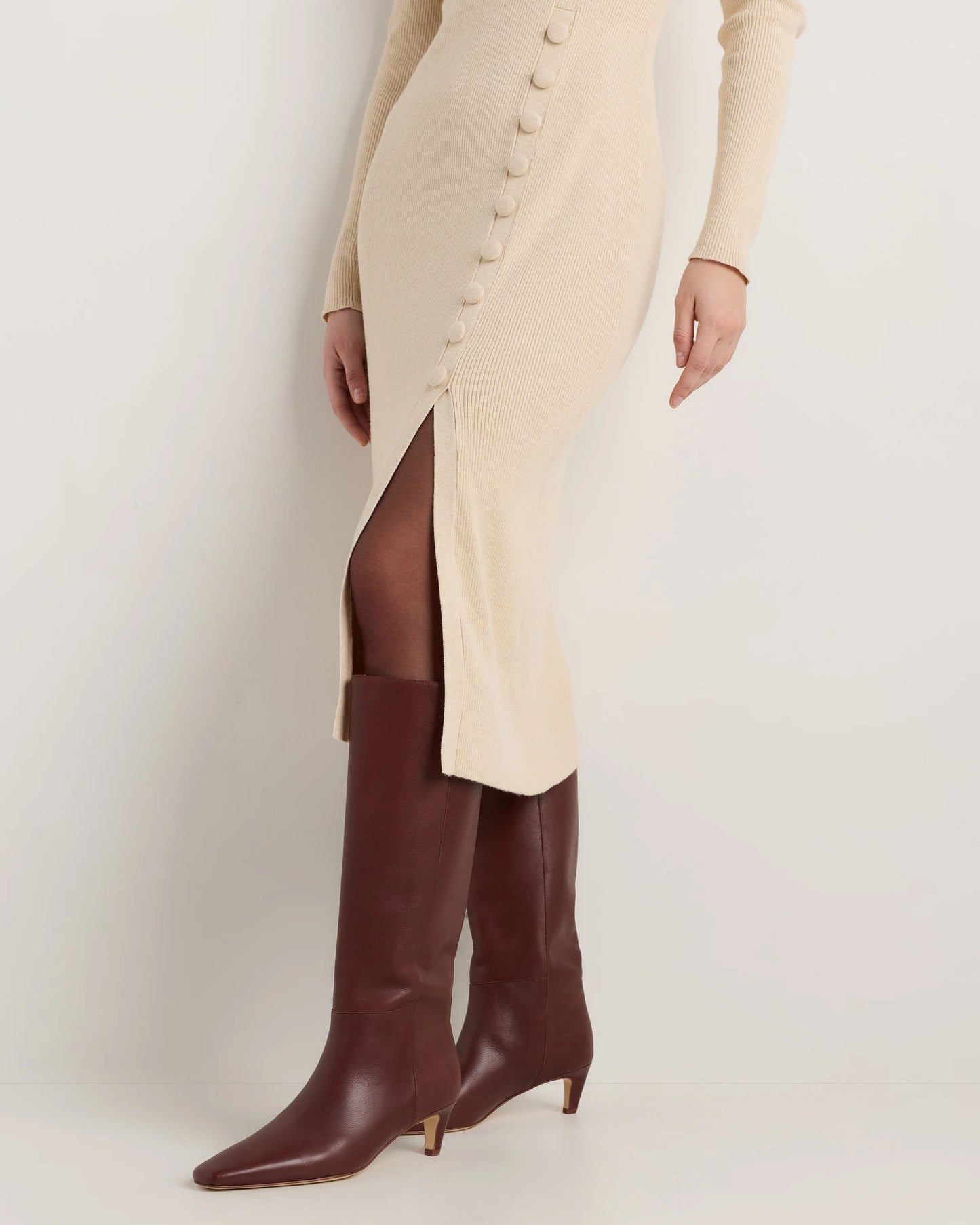 Italian Leather Tall Kitten Heel Boots - 5 / Espresso Brown