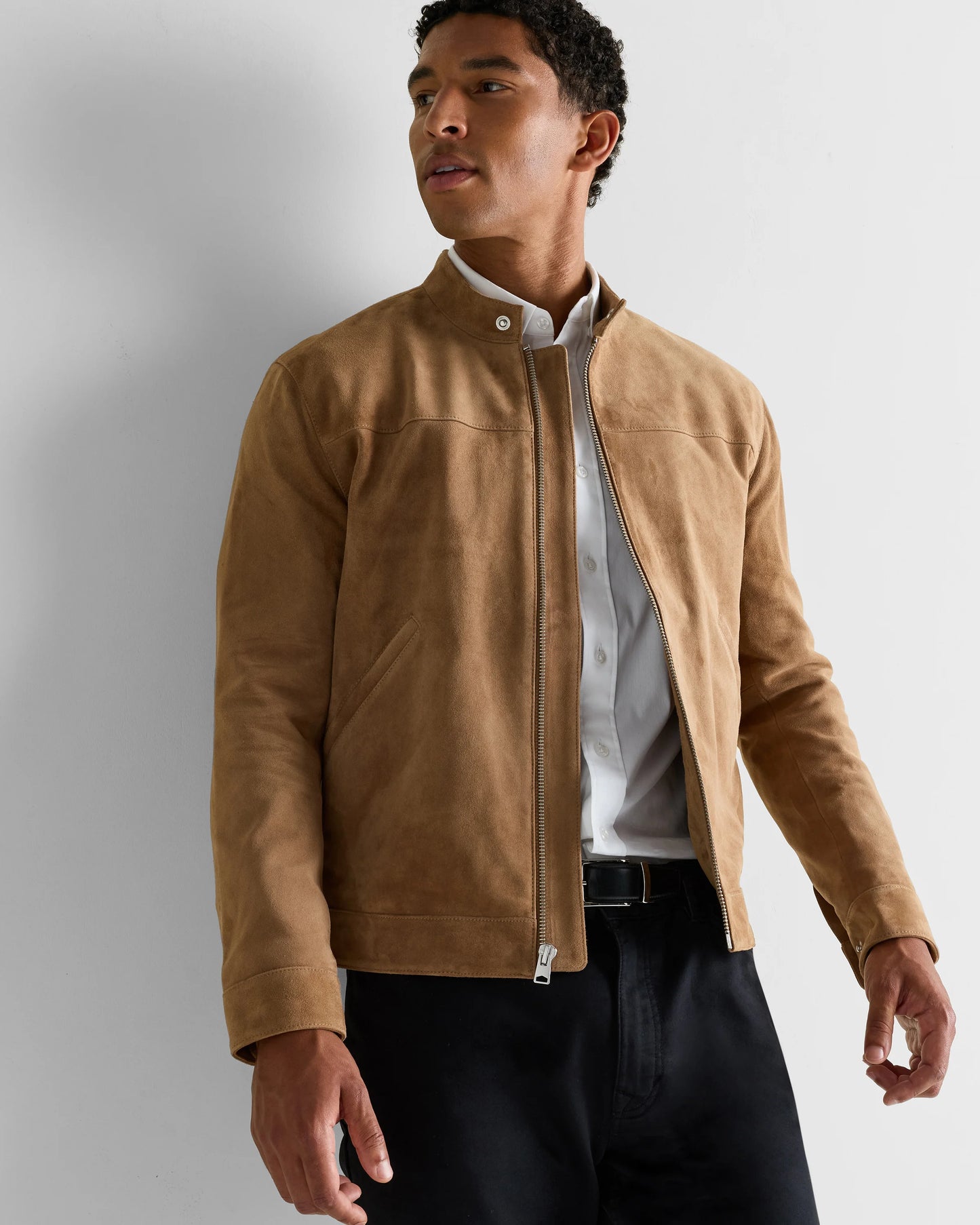 100% Suede Café Racer Jacket - S / Pecan Brown