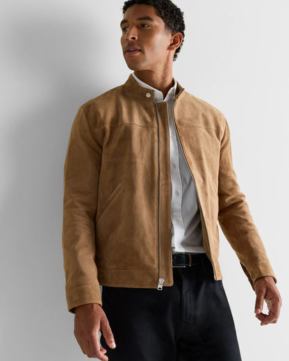 100% Suede Café Racer Jacket - S / Pecan Brown