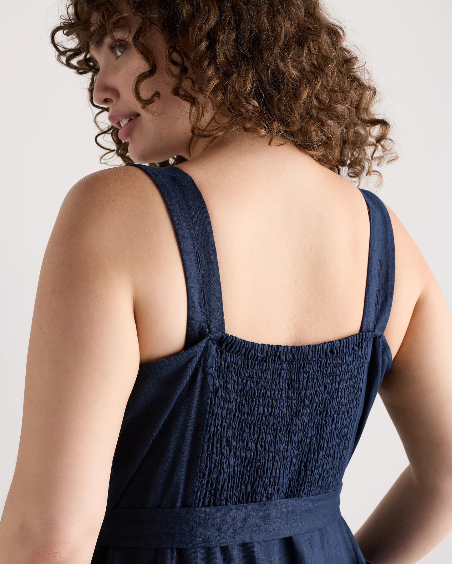 100% European Linen Square Neck Jumpsuit - 1X / Deep Navy