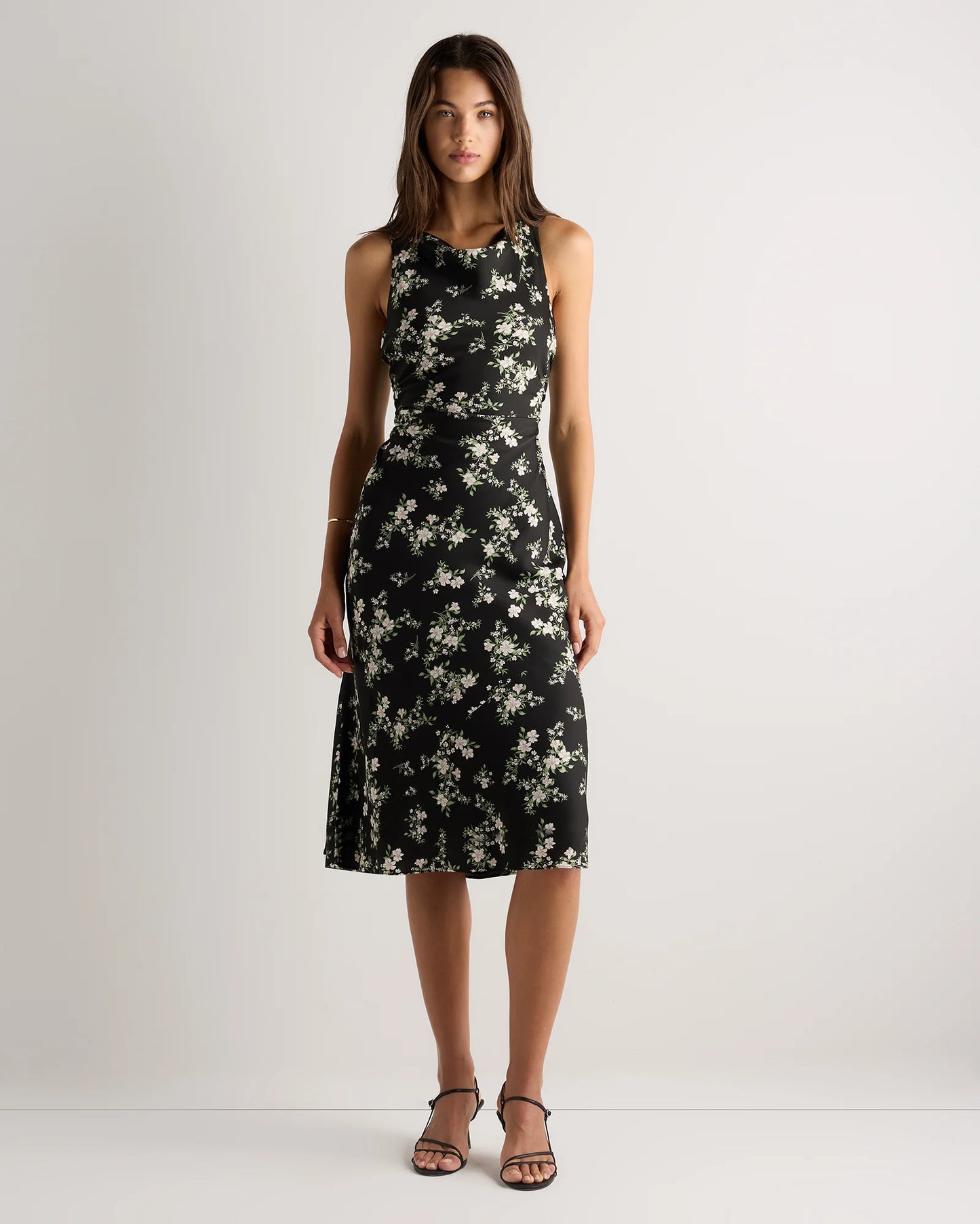 Washable Stretch Silk High Neck Midi Dress - XS / Vintage Navy Roses