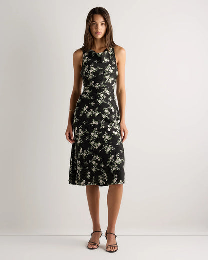 Washable Stretch Silk High Neck Midi Dress - XS / Vintage Navy Roses