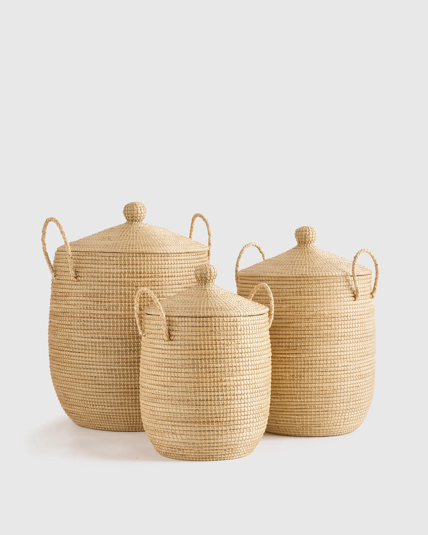 Handwoven Seagrass Lidded Storage Baskets (Set of 3) - Set of 3 (S/M/L) / White Wash