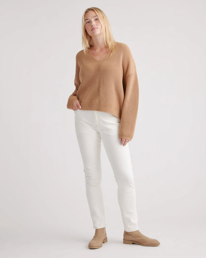 100% Organic Cotton Fisherman V-Neck Sweater - XS / Heather Brown