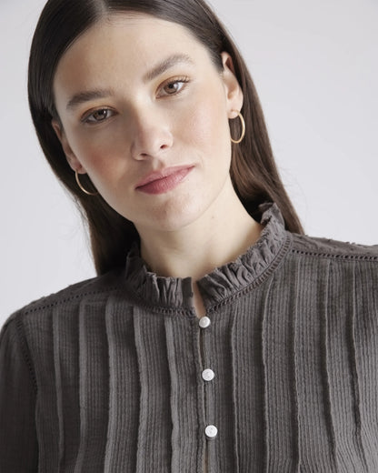 Organic Textured Cotton Peasant Blouse - XS / Pale Custard Yellow