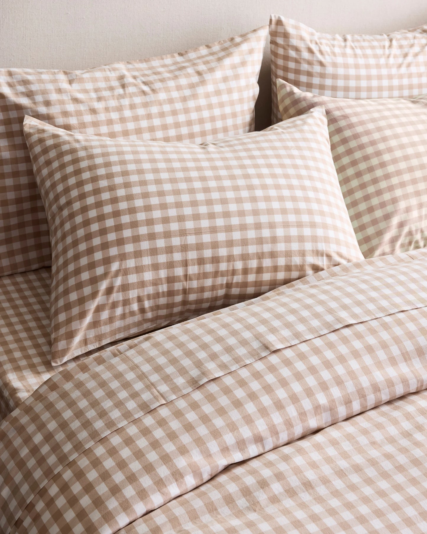 Organic Crisp Percale Gingham Deluxe Bedding Bundle - Twin / Cafe