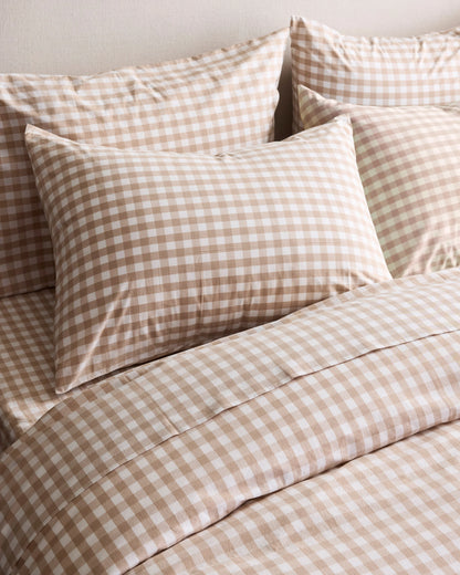 Organic Crisp Percale Gingham Deluxe Bedding Bundle - Twin / Cafe