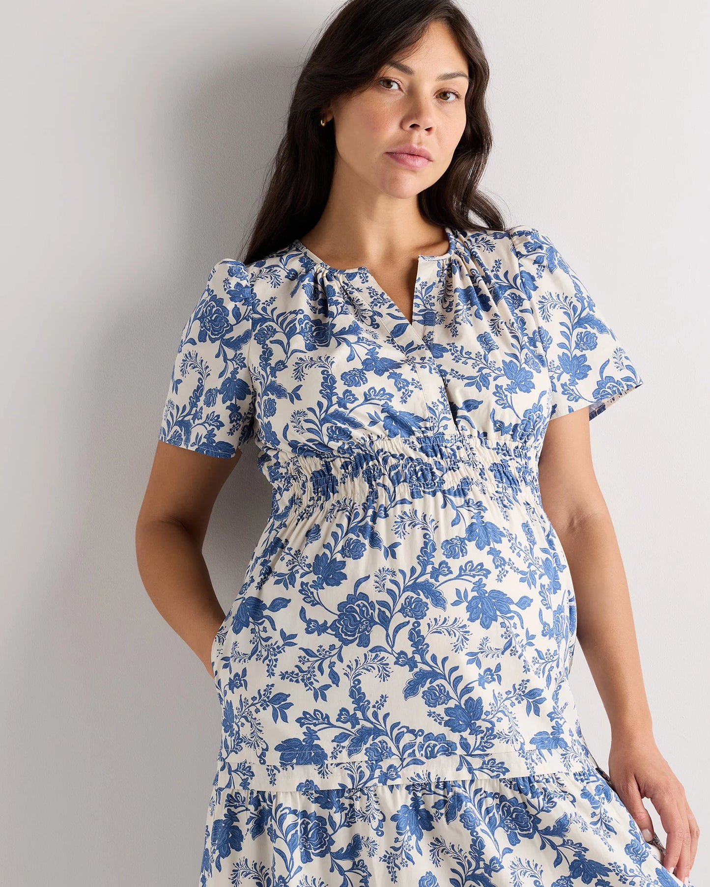 100% Organic Cotton Poplin Maternity Tiered Maxi Dress - XS / Riviera Blue Heirloom Floral