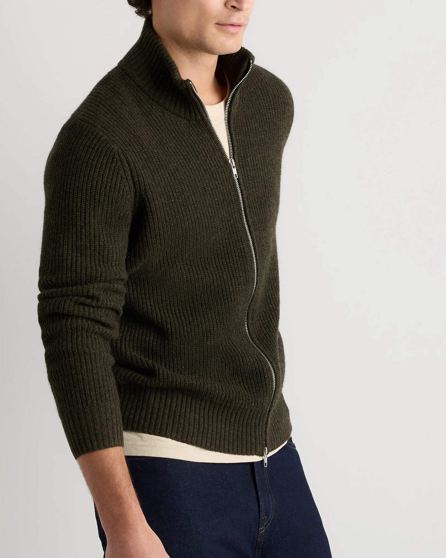 Mongolian Cashmere Fisherman Full Zip Sweater - S / Teak