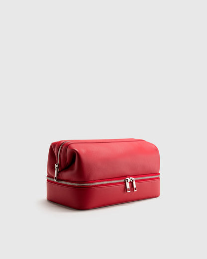 Italian Leather Dual Compartment Toiletry Bag - One Size / Ruby Red