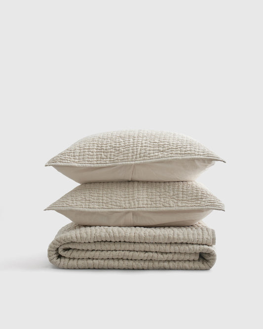 European Linen Cotton Stitch Quilt Set - Twin / Stone