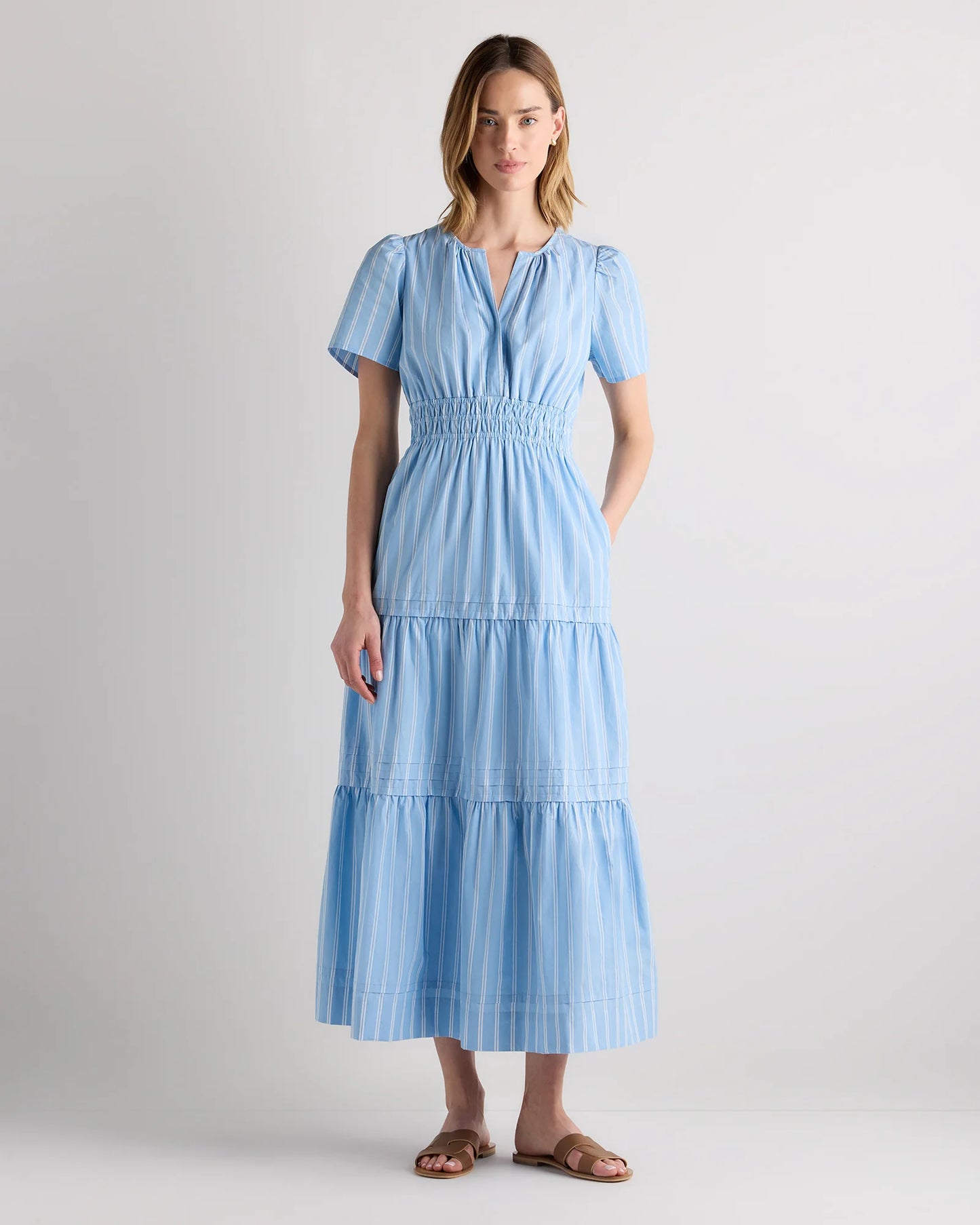 100% Organic Cotton Poplin Tiered Maxi Dress - XS / Riviera Blue Heirloom Floral