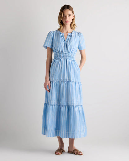 100% Organic Cotton Poplin Tiered Maxi Dress - XS / Riviera Blue Heirloom Floral