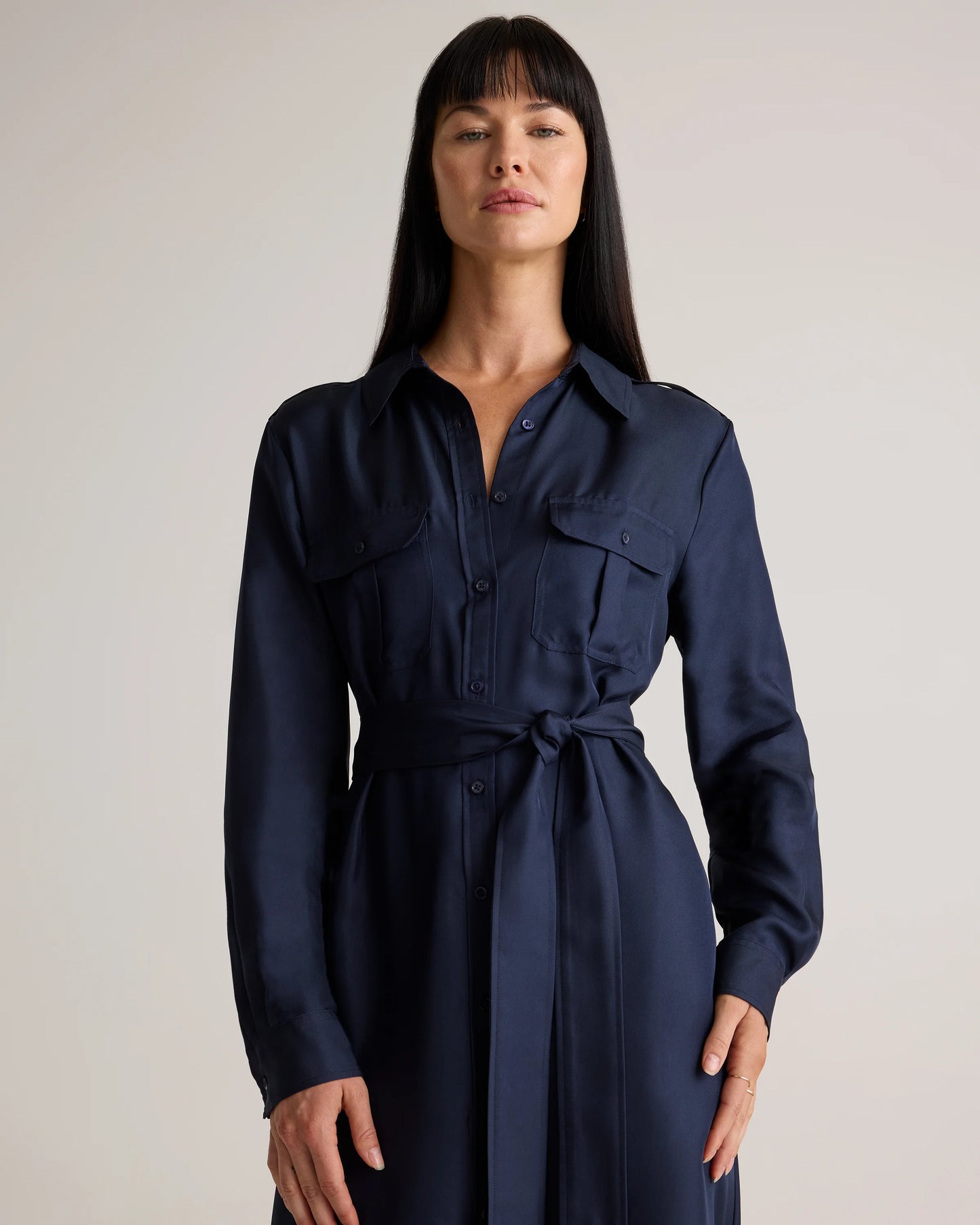 100% Silk Twill Utility Shirt Dress - XS / Hot Fudge