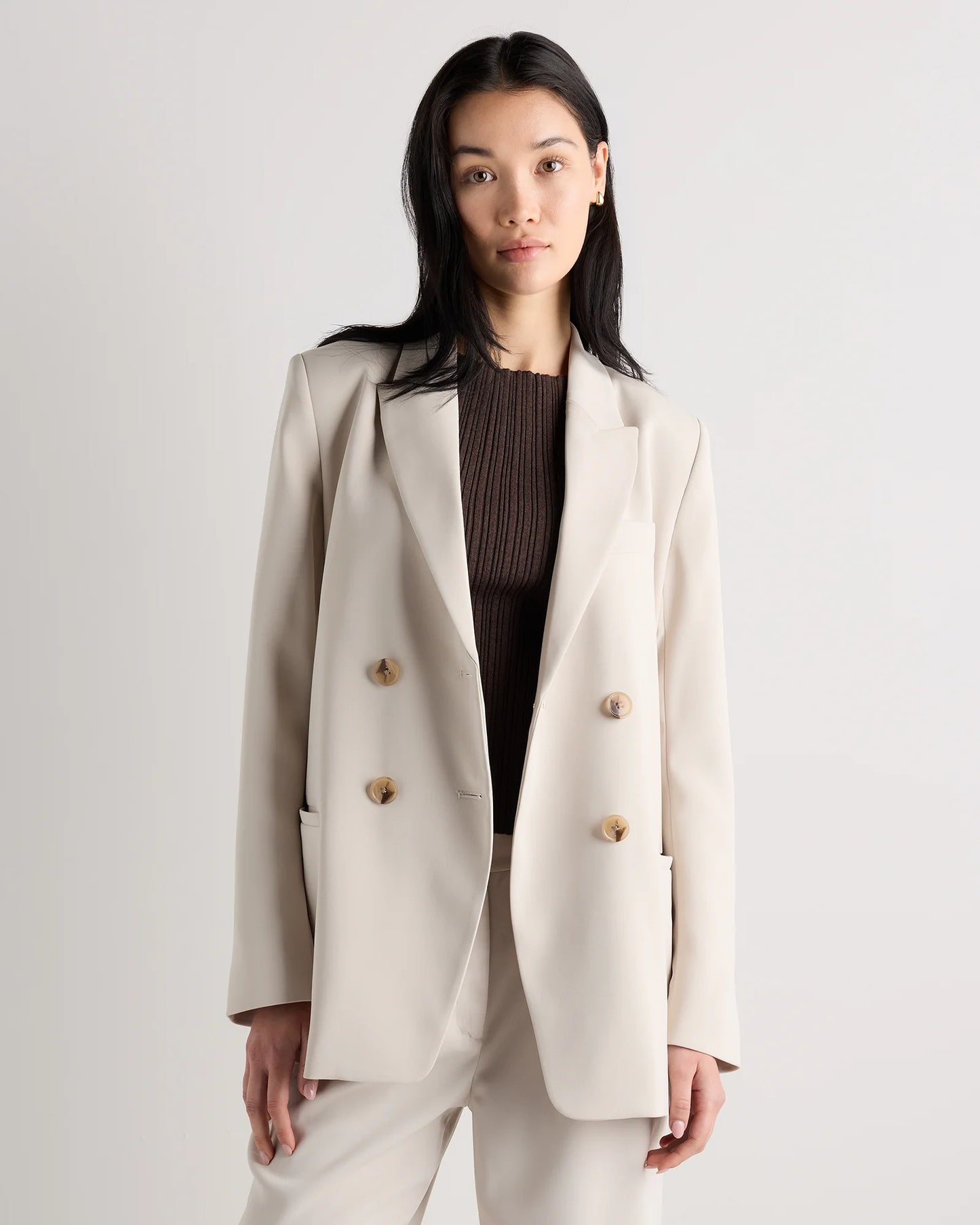 Stretch Crepe Relaxed Double-Breasted Blazer - XS / Sand