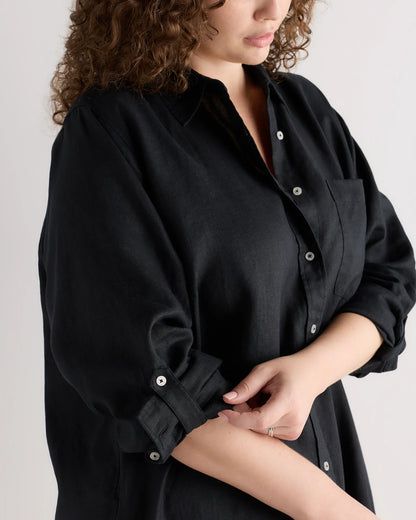 100% European Linen Shirt Dress - 1X / Black