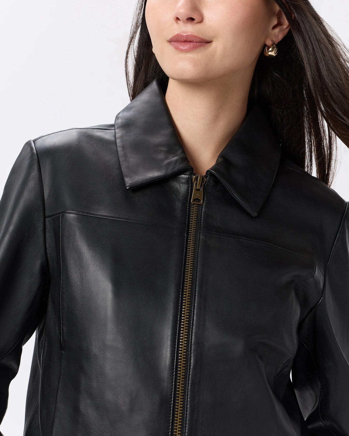100% Leather Cropped Zip-Front Jacket - XS / True Black