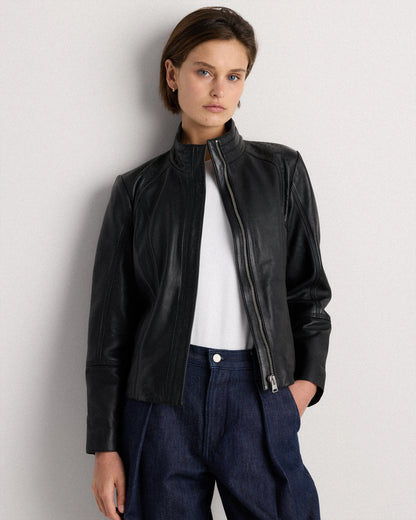 100% Leather Stand-Collar Jacket - XS / True Black