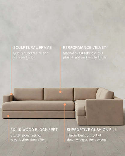 Sierra Curved Arm L Sectional in Performance Velvet - Right Arm / Sable