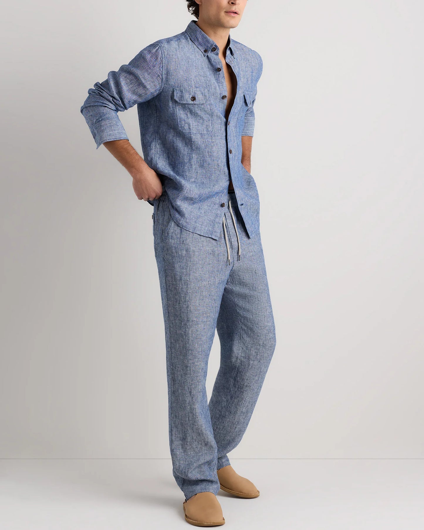 100% European Linen Drawstring Beach Pants - XS / Taupe Brown Chambray