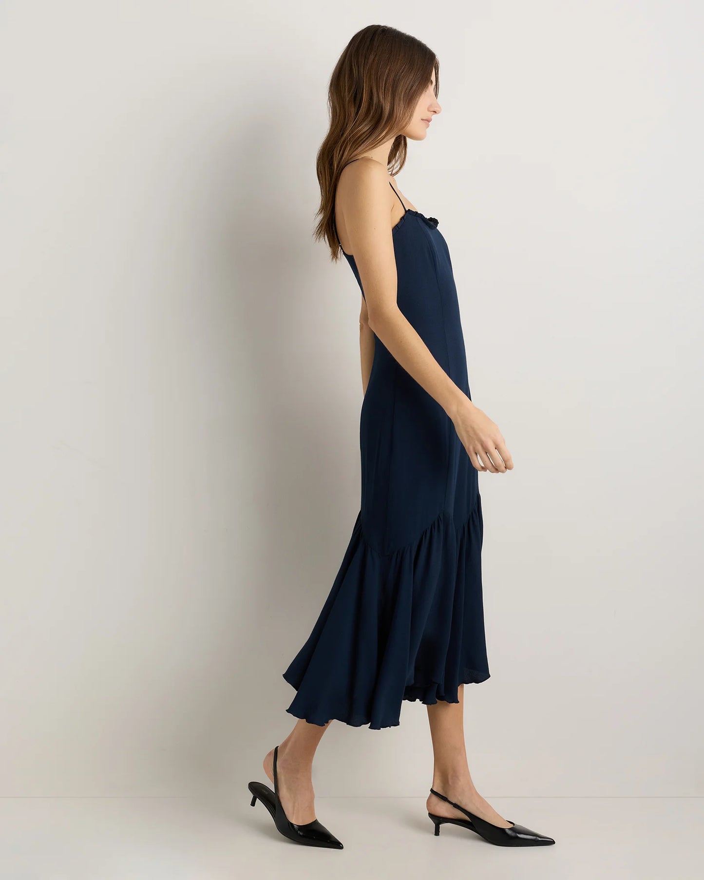 Lightweight Crepe Pleated Hem Midi Dress - XS / Deep Navy
