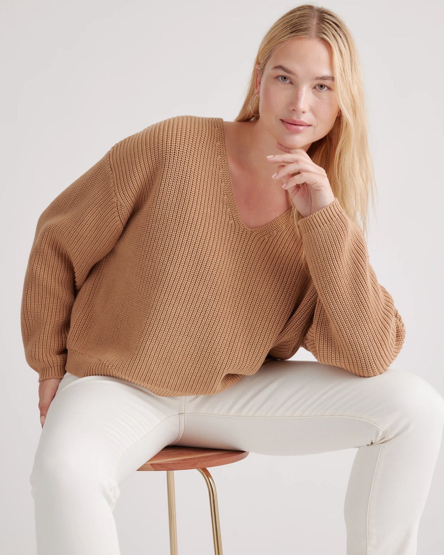 100% Organic Cotton Fisherman V-Neck Sweater - XS / Heather Brown