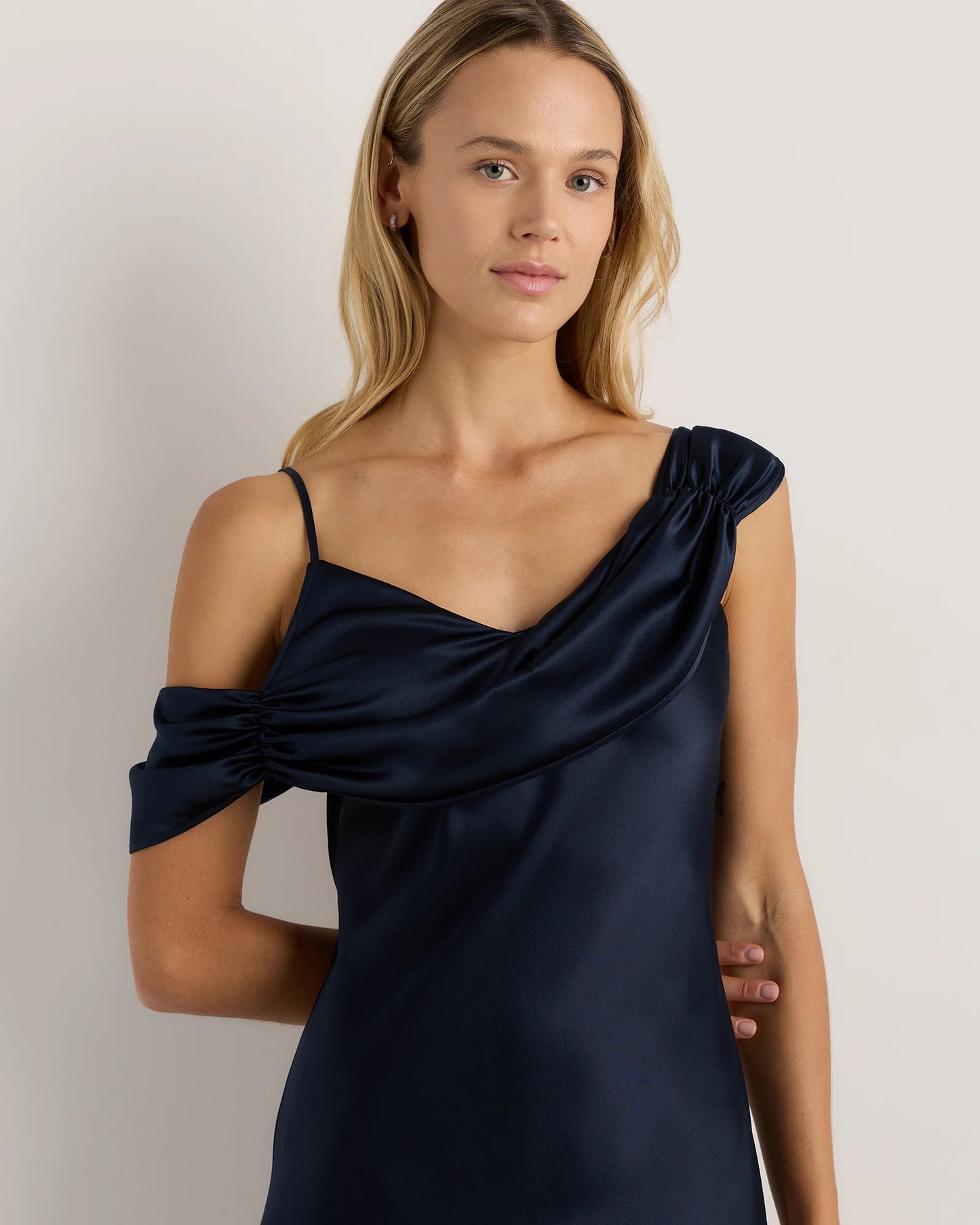 100% Washable Silk Draped Shoulder Maxi Dress - XS / Navy
