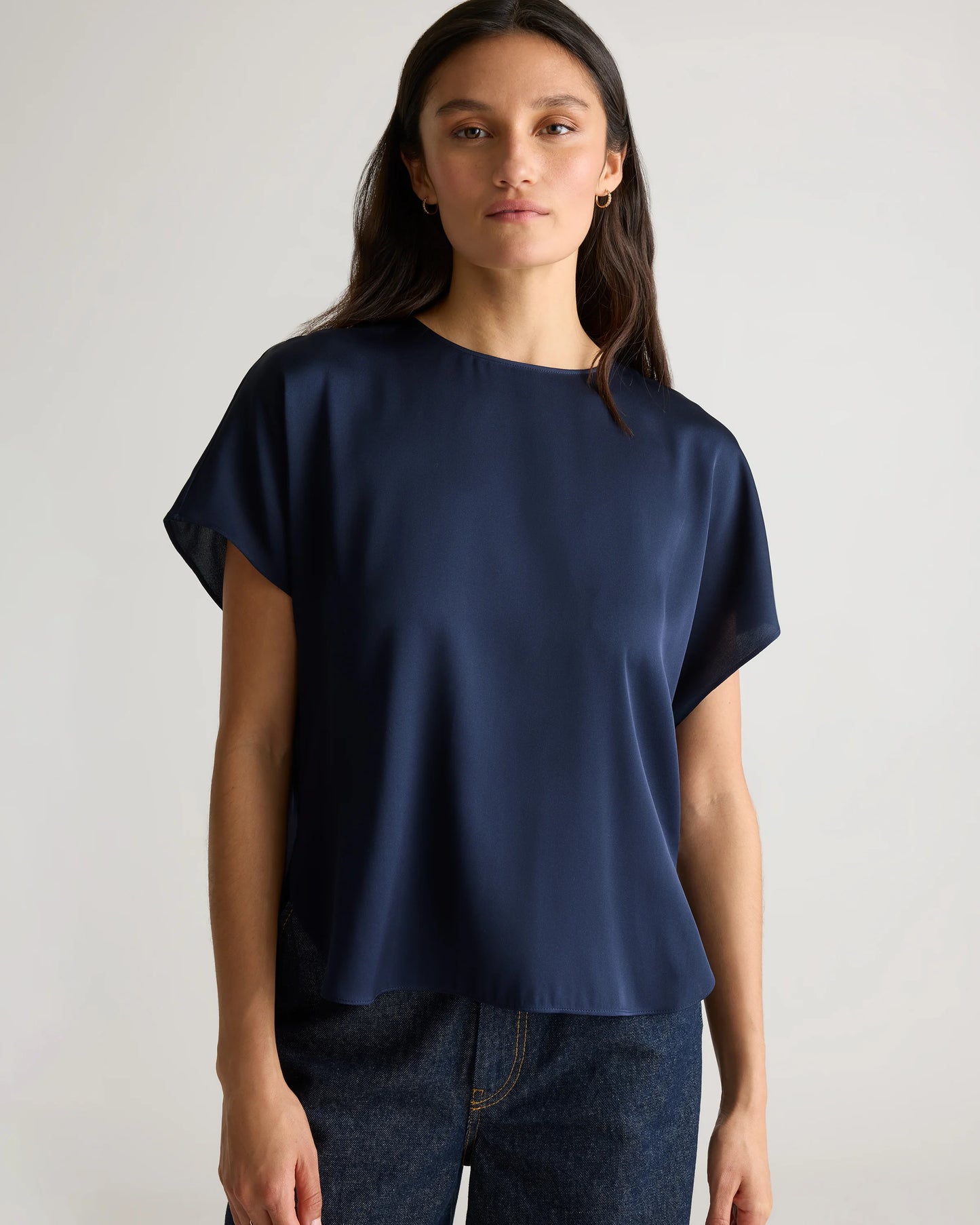Washable Stretch Silk Split Hem Tee - XS / Ivory