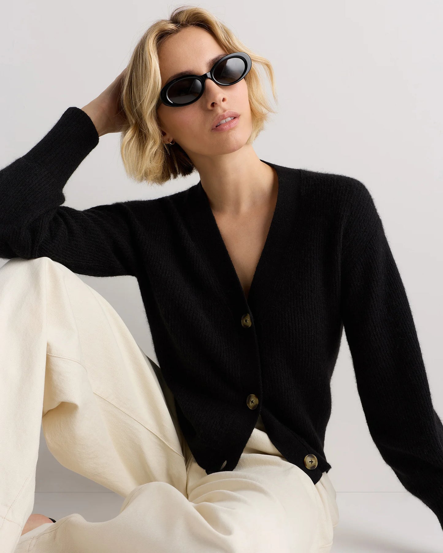 Lightweight Baby Alpaca Cropped V-Neck Cardigan - XS / Smoked Charcoal