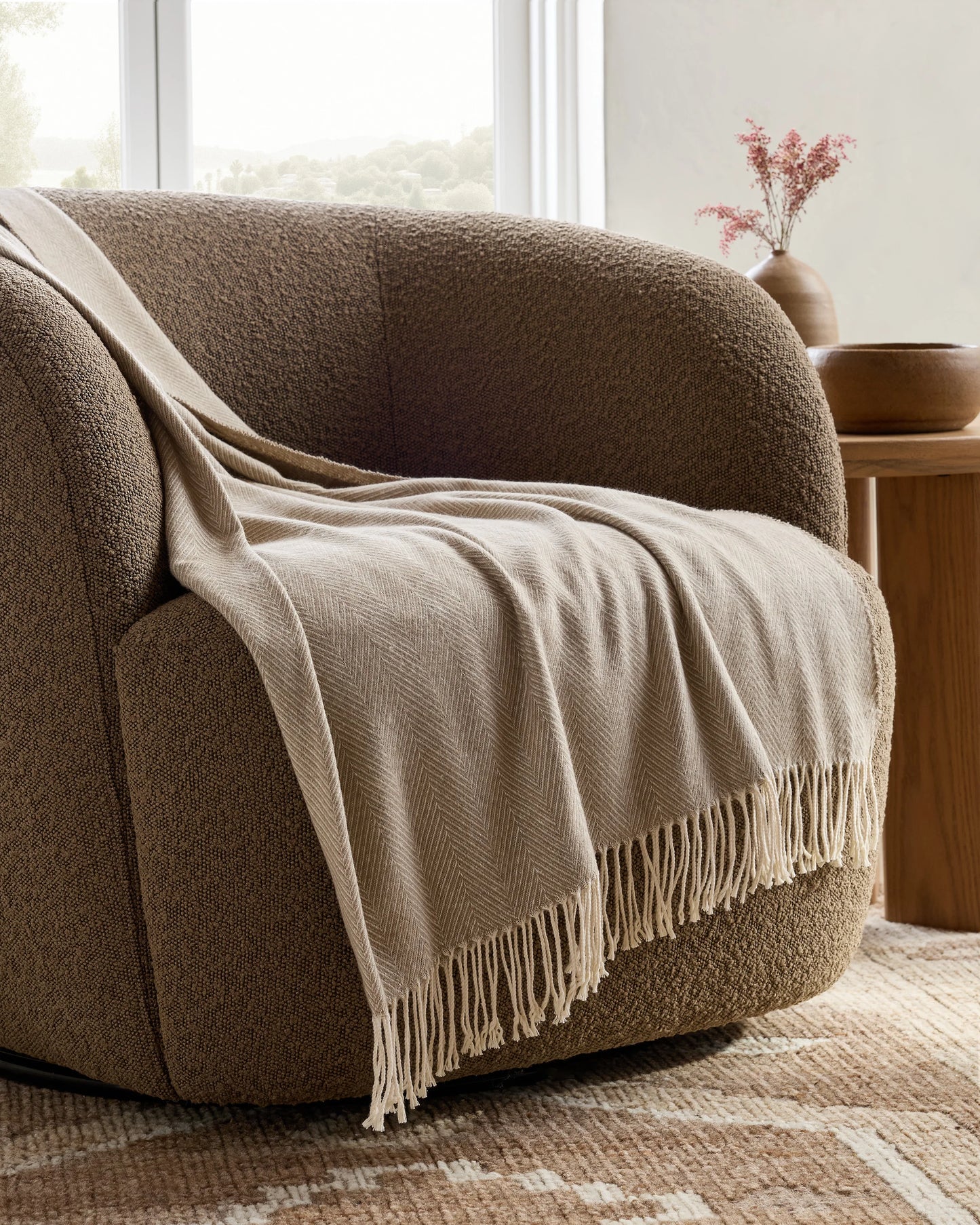 Lightweight Italian Cotton Herringbone Throw - One Size / Mushroom