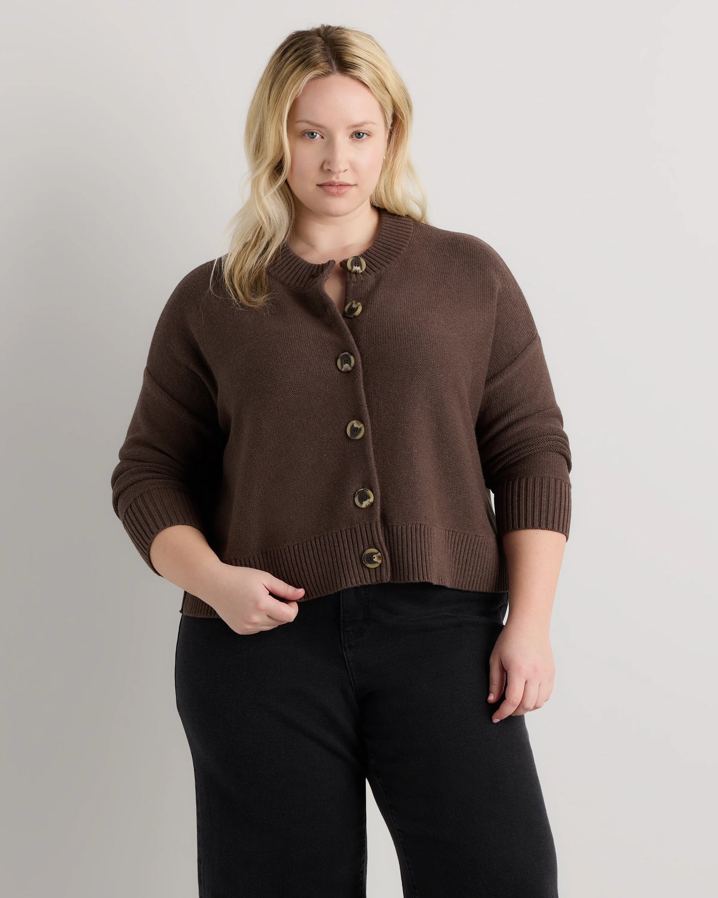 100% Organic Cotton Cropped Cardigan - 1X / Speckled Beige