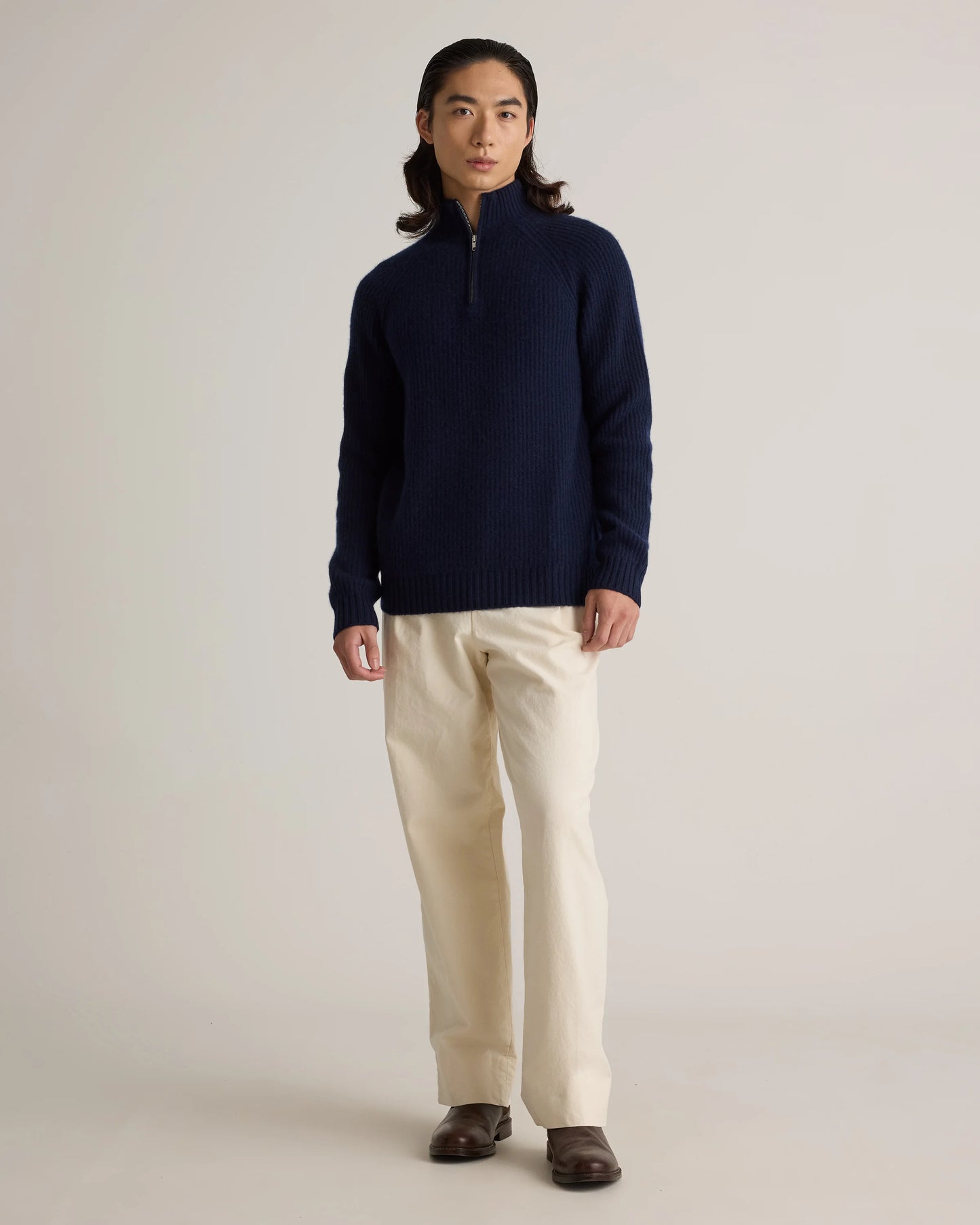 Mongolian Cashmere Fisherman Quarter Zip Sweater - S / Navy Marl