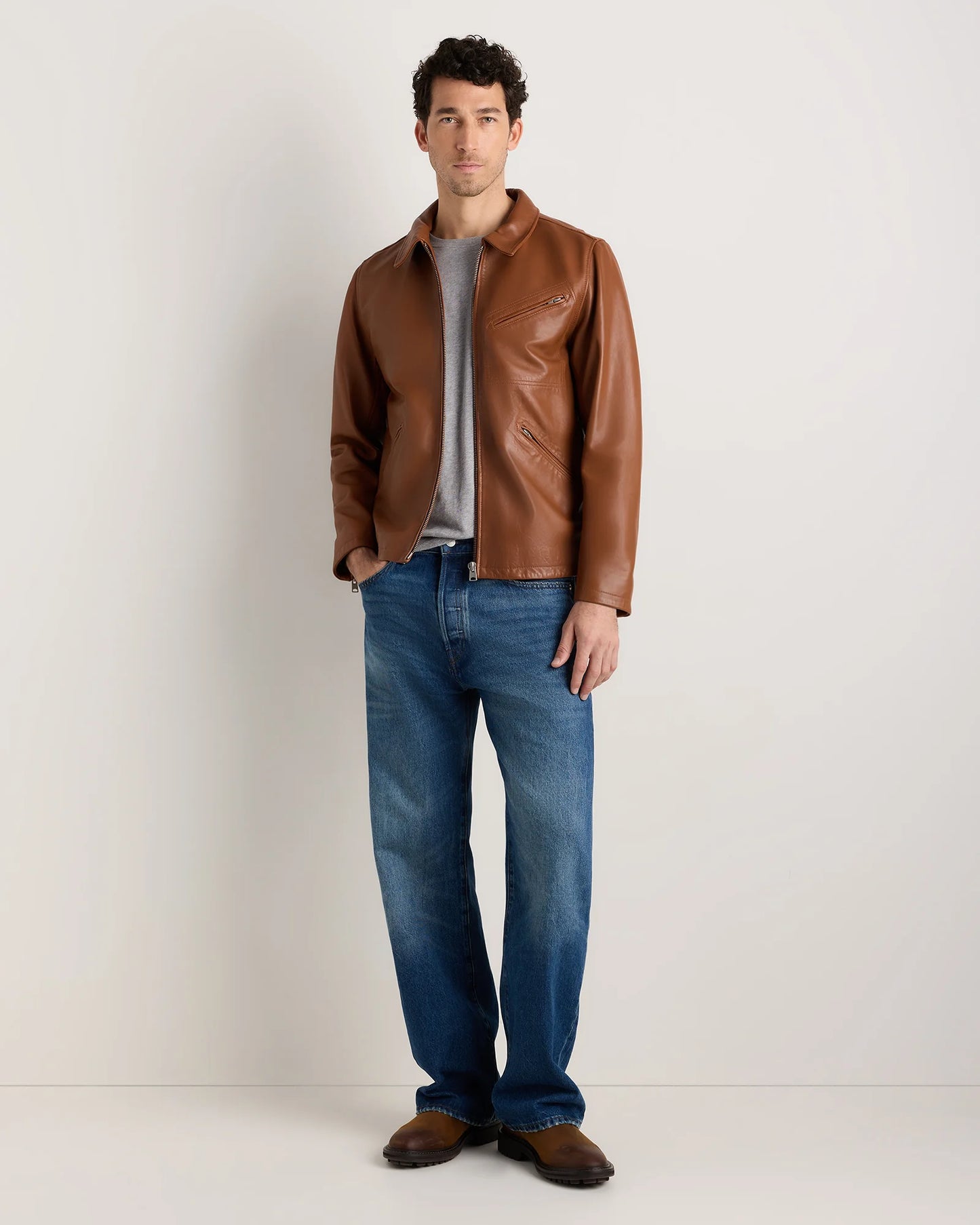 100% Washed Leather Moto Jacket - S / Dark Cognac Brown