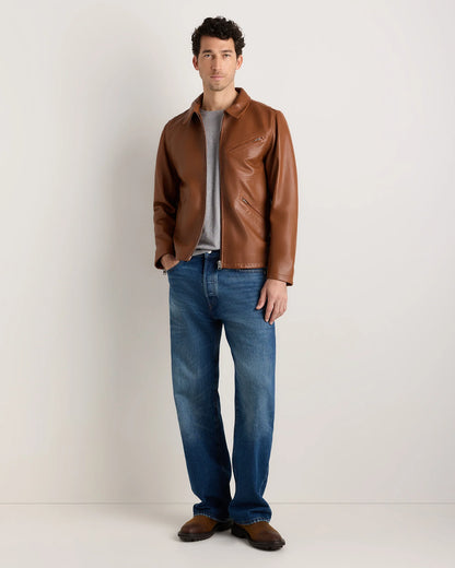 100% Washed Leather Moto Jacket - S / Dark Cognac Brown