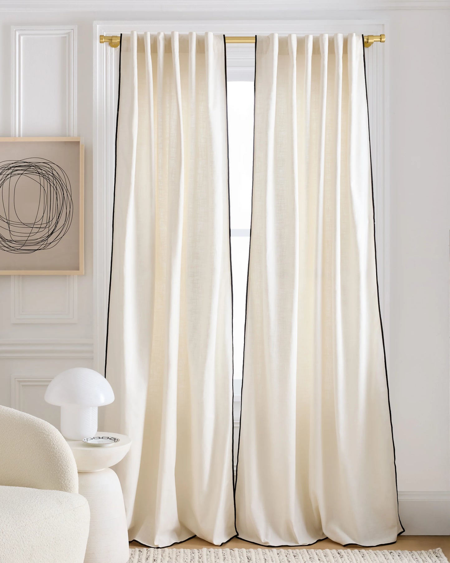 Piped Edge Cotton Curtain - Single Panel - 48x84 / Ivory/Black Piping