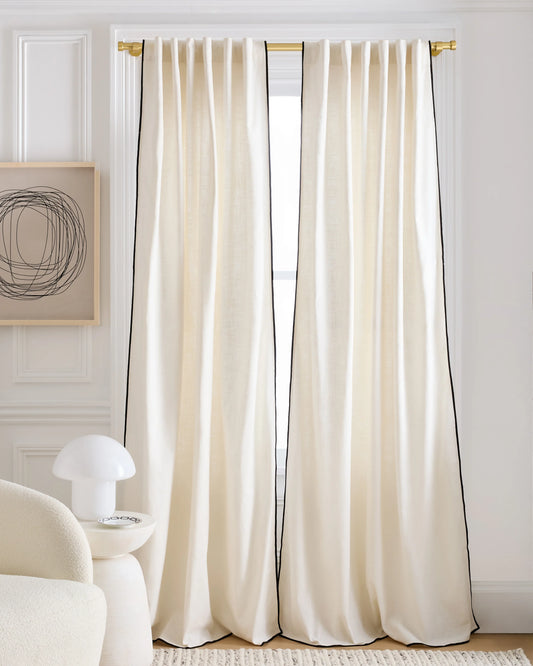 Piped Edge Cotton Curtain - Single Panel - 48x84 / Ivory/Black Piping