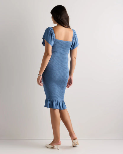 Lightweight Crepe Smocked Flutter Sleeve Maternity Dress - XS / Shell Pink